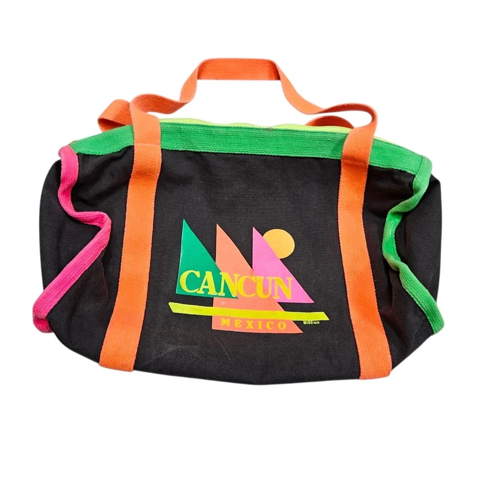 Vintage 80s 90 Cancun Mexico‎ Mini Duffel Bag Neon Trim Travel Beach Bag